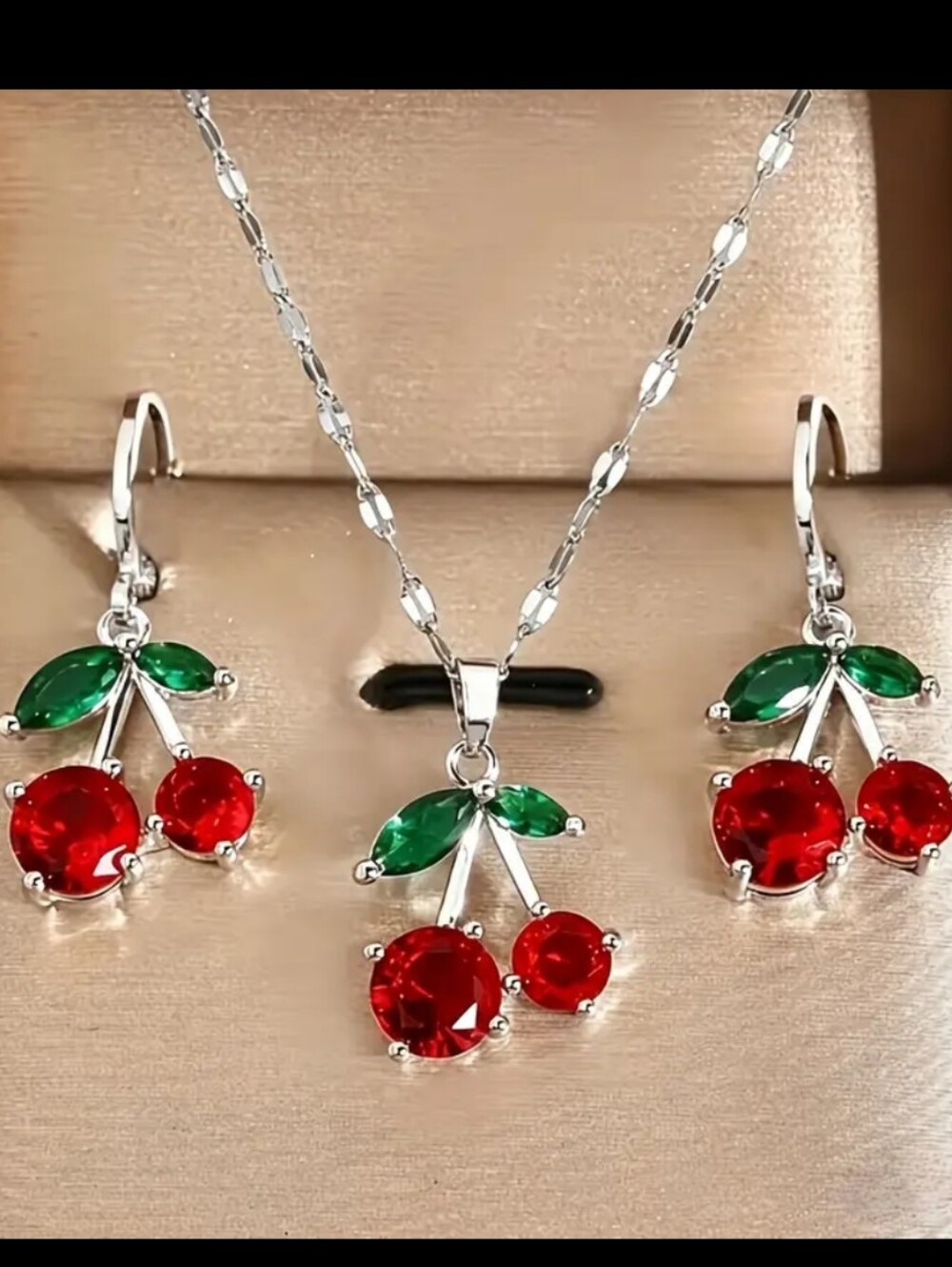 🍒 Silver Stainless Steel Cherry Necklace & Earrings W/Red & Green Faceted Gems